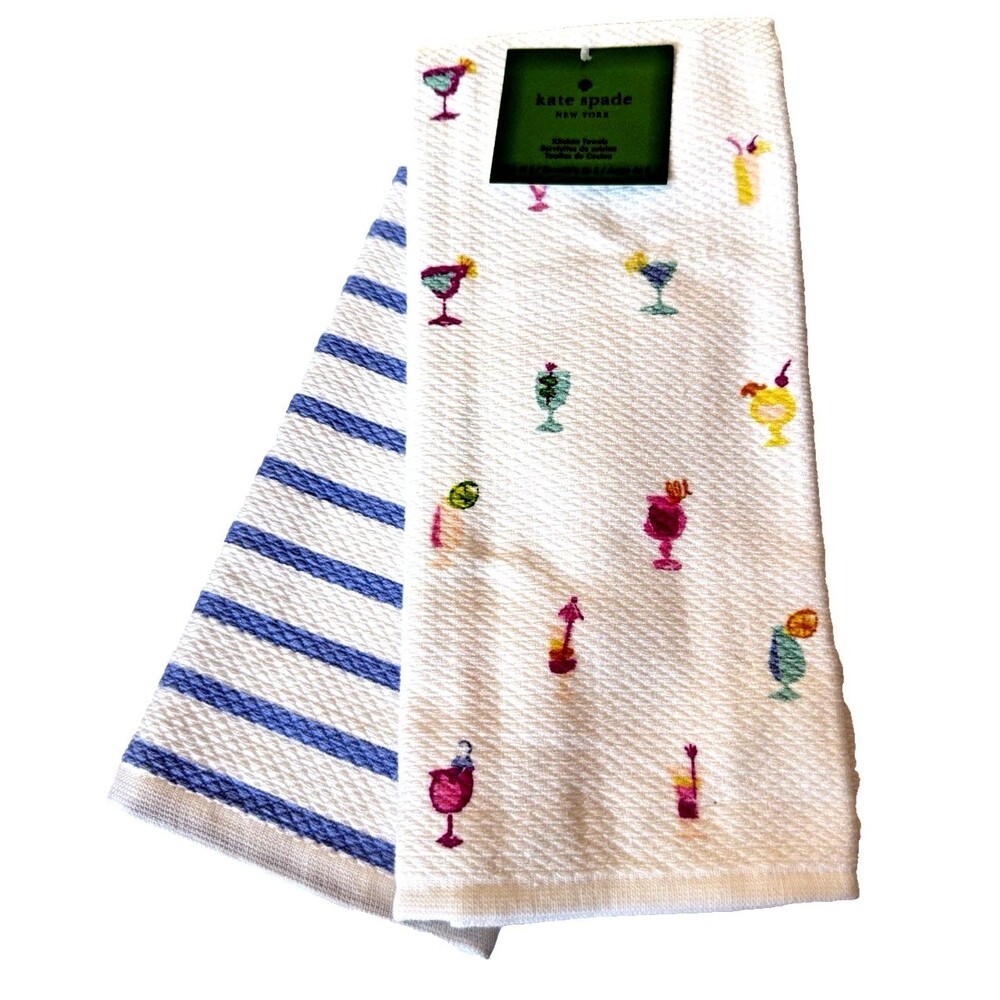 Kate Spade Kitchen Dish Towels Summer Cocktails Drinks Cotton White Set of 2